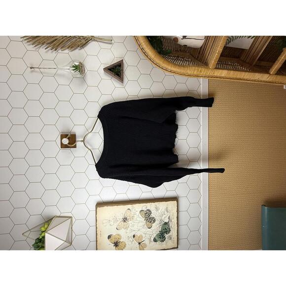 Free People Black V-Neck Ribbed Cropped Distressed Sweater - Size - XS - Picture 3 of 5